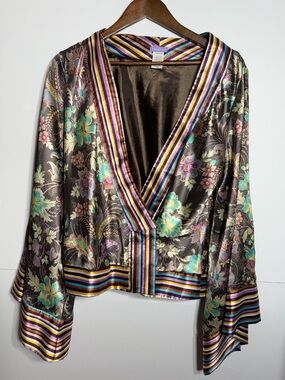 Beautiful Satin Floral Kimono Wrap Shirt with Striped Trim & Wide Sleeves